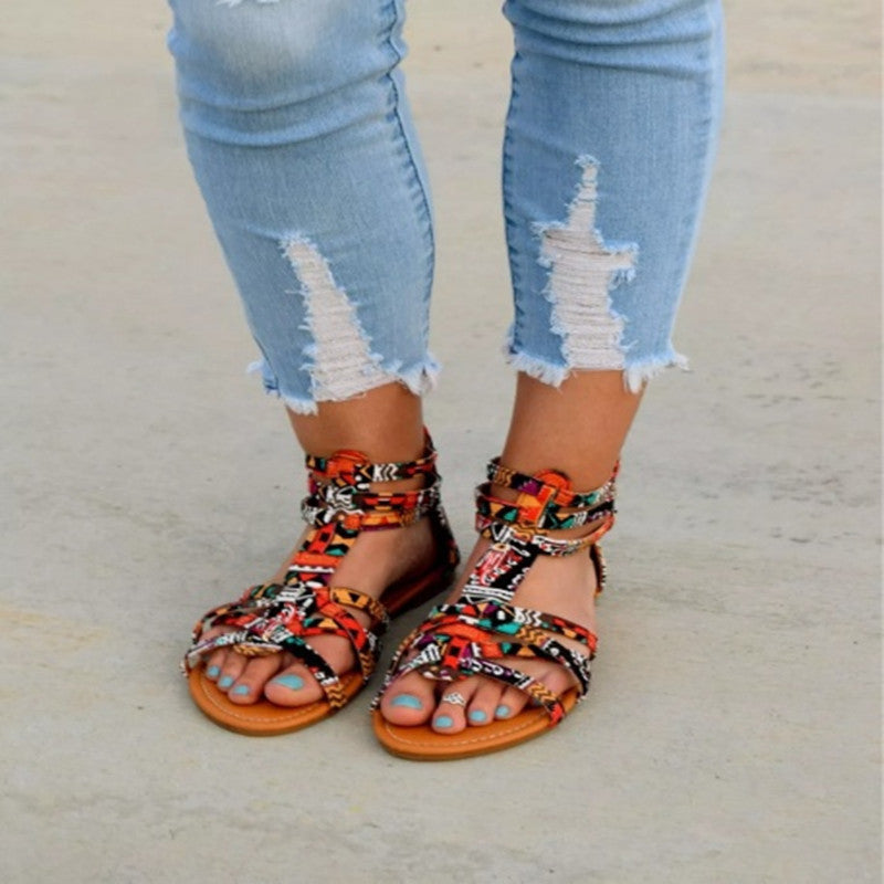 Damen nan Boho-Riemchensandale mit geflochtenen Textilriemen und knöchelhoher Wickelführung Drune