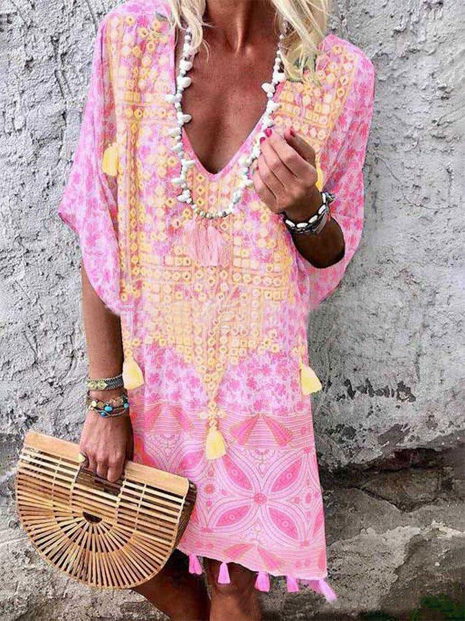 Damen Boho-Chic Kaftan mit V-Ausschnitt und Tassel-Details Drune