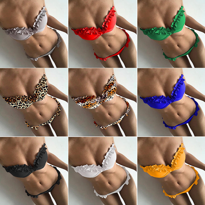 Damen Leopardenmuster Bikini-Set mit verspielten Rüschen Drune