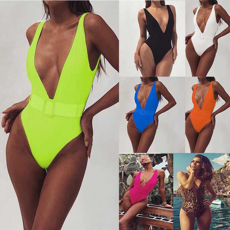 Damen Einteiliger Badeanzug mit glamourösem V-Ausschnitt und stylischer Gürteldetail Drune