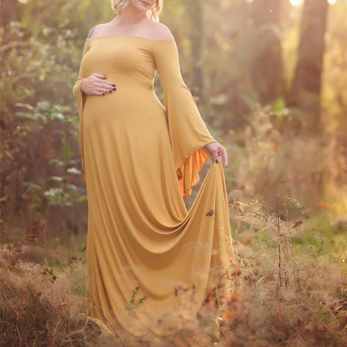 Damen Umstands-Maxikleid mit schulterfreiem Design und fließenden Ärmeln Drune