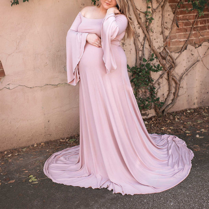 Damen Umstands-Maxikleid mit schulterfreiem Design und fließenden Ärmeln Drune