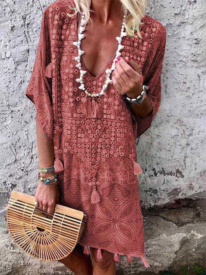 Damen Boho-Chic Kaftan mit V-Ausschnitt und Tassel-Details Drune