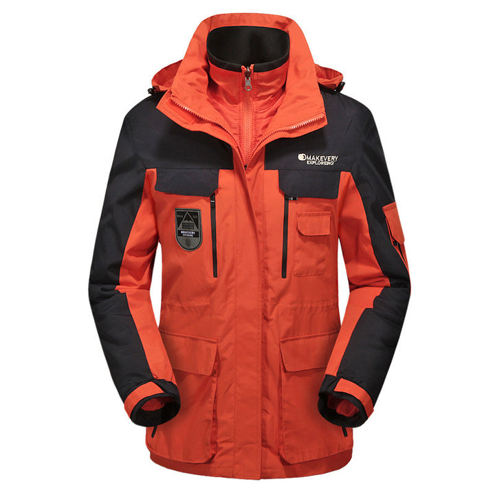 Herren wasserdichte atmungsaktive dreiteilige Outdoor-Expeditionsjacke mit Kapuze und Mehrzwecktaschen Drune