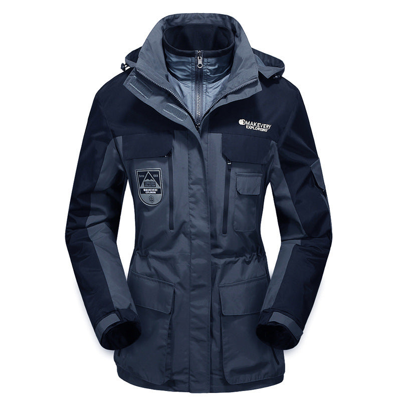 Herren wasserdichte atmungsaktive dreiteilige Outdoor-Expeditionsjacke mit Kapuze und Mehrzwecktaschen Drune