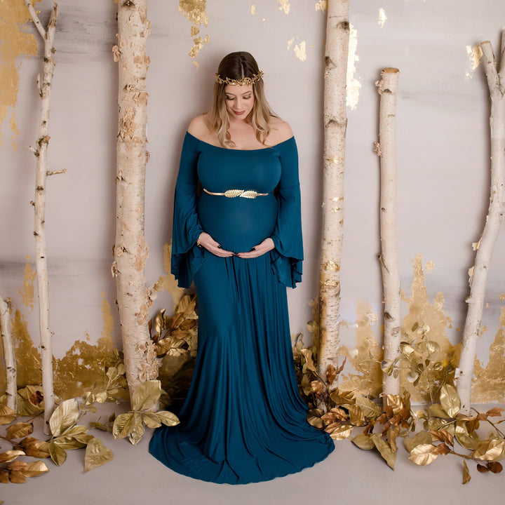 Damen Umstands-Maxikleid mit schulterfreiem Design und fließenden Ärmeln Drune