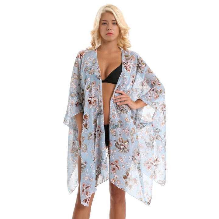 Damen eleganter Chiffon-Überwurf mit floralem Design und asymmetrischem Saum Drune