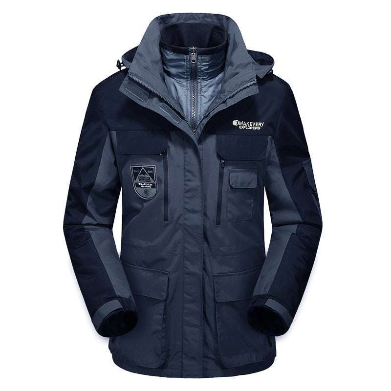 Herren wasserdichte atmungsaktive dreiteilige Outdoor-Expeditionsjacke mit Kapuze und Mehrzwecktaschen Drune
