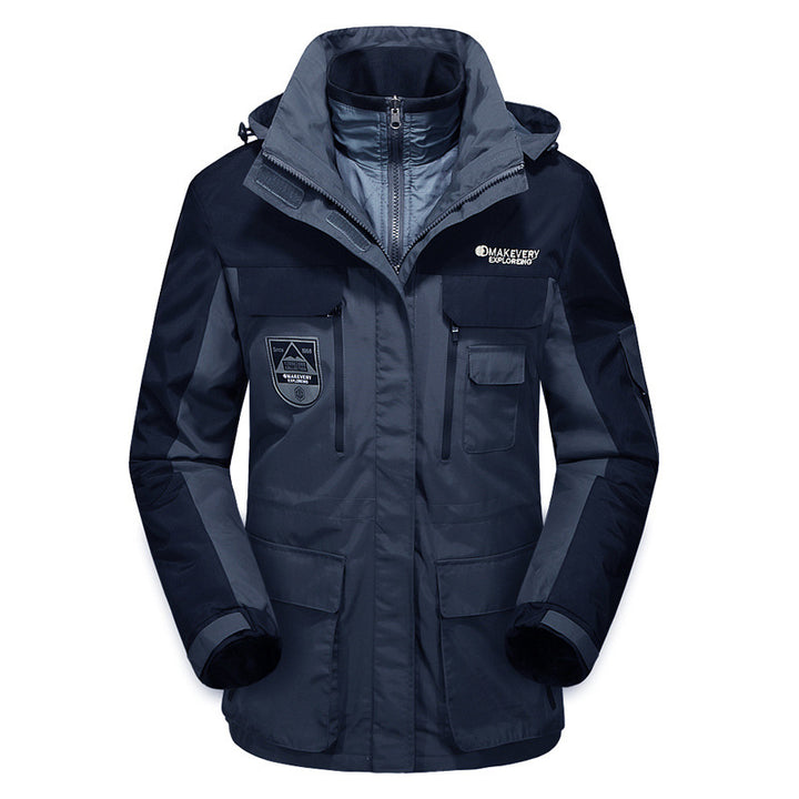 Herren wasserdichte atmungsaktive dreiteilige Outdoor-Expeditionsjacke mit Kapuze und Mehrzwecktaschen Drune