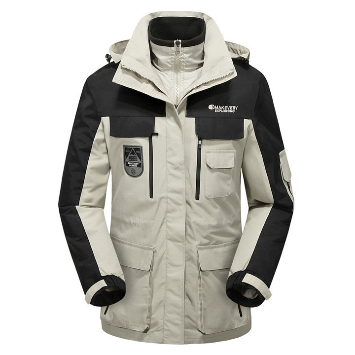 Herren wasserdichte atmungsaktive dreiteilige Outdoor-Expeditionsjacke mit Kapuze und Mehrzwecktaschen Drune