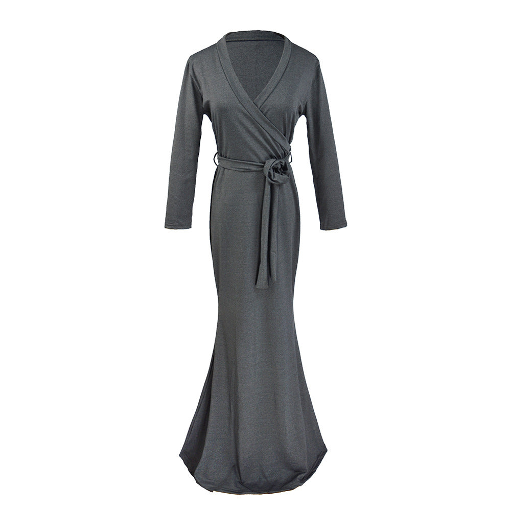 Damen Wickel‑Maxikleid mit Taillenschärpe, figurbetonter Silhouette & 3/4‑Ärmeln Drune