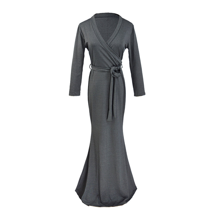 Damen Wickel‑Maxikleid mit Taillenschärpe, figurbetonter Silhouette & 3/4‑Ärmeln Drune
