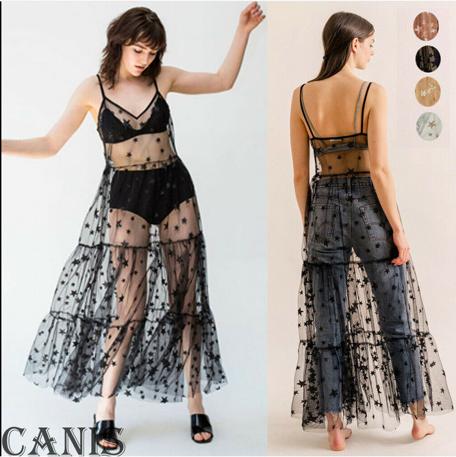 Damen Transparente Maxikleid aus Chiffon mit Sternen-Design und mehrlagigem Saum Drune