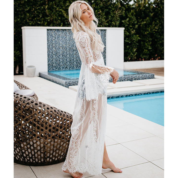 Damen langer Spitzenkimono mit weitem Ärmel und Bindegürtel Drune