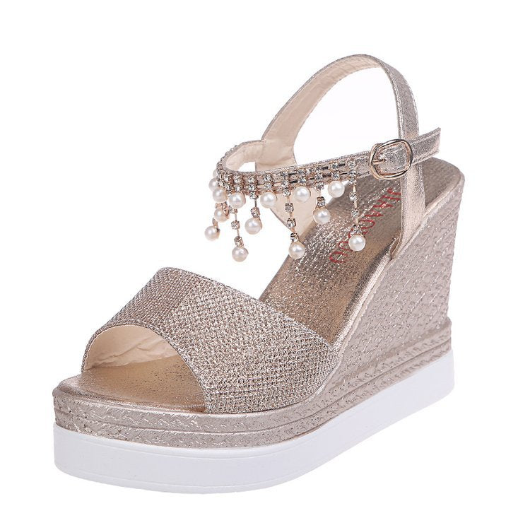 Damen nan glitzernde Keilsandalette mit Perlenfransen und verstellbarem Knöchelriemen Drune