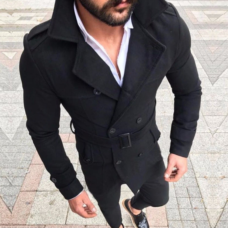 Herren eleganter Trenchcoat mit modischem Gürtel und doppelter Knopfleiste Drune