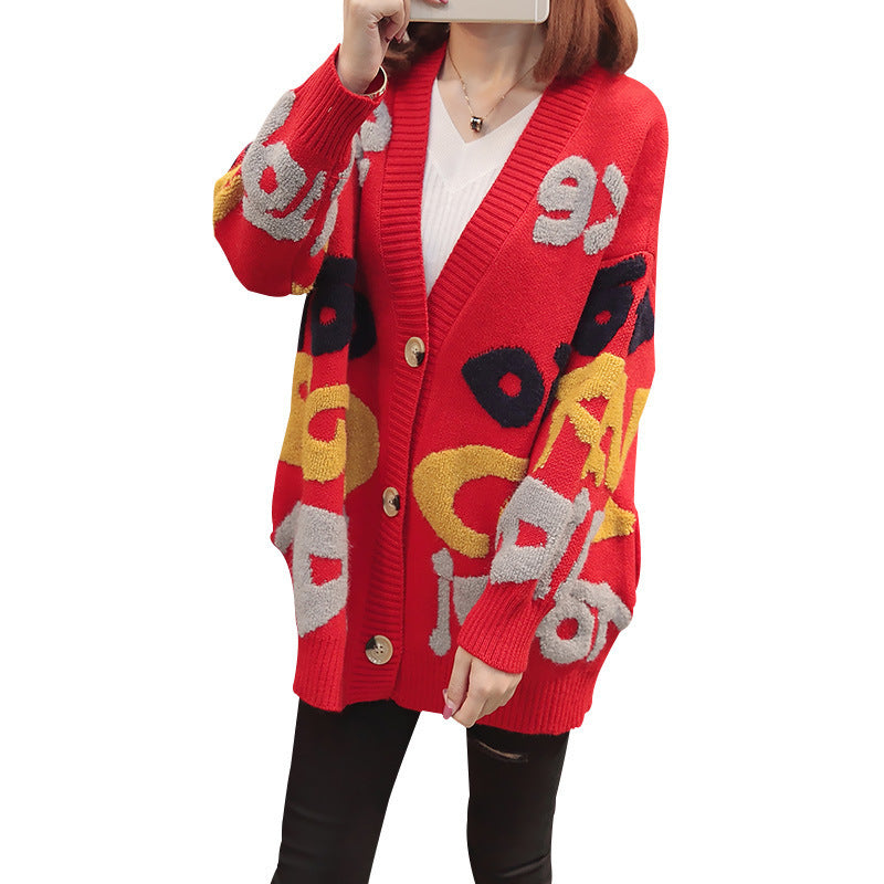 Damen Grobstrick-Cardigan mit auffälligem Motiv und großen Knöpfen Drune