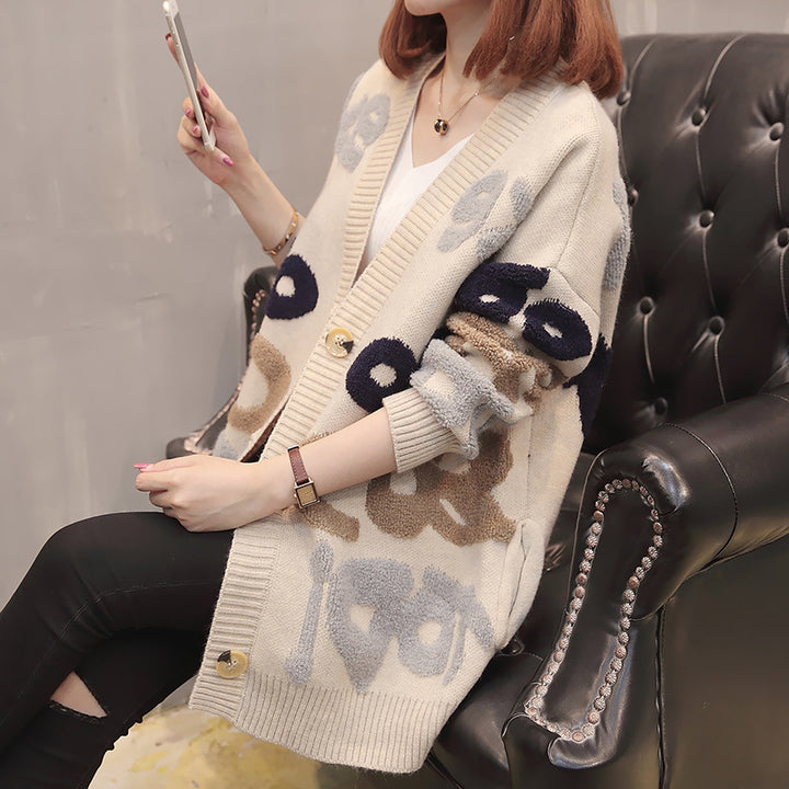 Damen Strickjacke mit kreativen Grafiken und modernen Knöpfen Drune