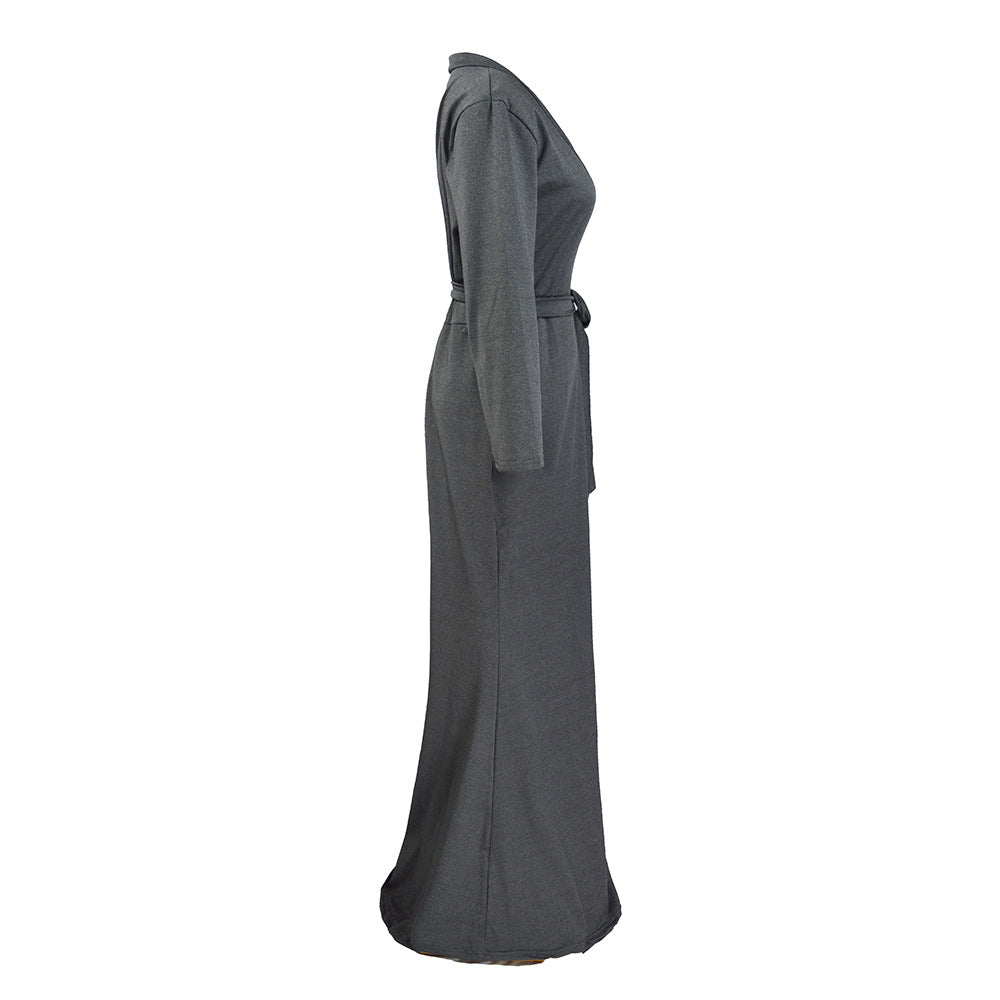 Damen Wickel‑Maxikleid mit Taillenschärpe, figurbetonter Silhouette & 3/4‑Ärmeln Drune