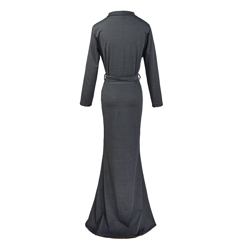 Damen Wickel‑Maxikleid mit Taillenschärpe, figurbetonter Silhouette & 3/4‑Ärmeln Drune