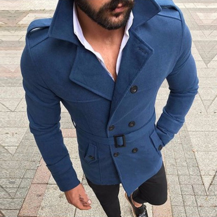 Herren eleganter Trenchcoat mit modischem Gürtel und doppelter Knopfleiste Drune