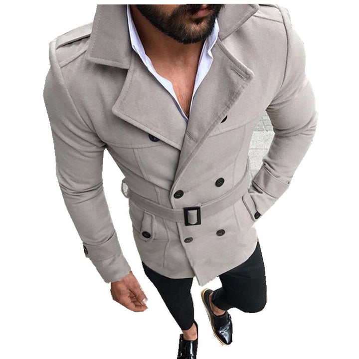 Herren eleganter Trenchcoat mit modischem Gürtel und doppelter Knopfleiste Drune