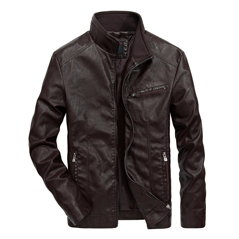 Herren Lederoptik-Motojacke mit Stehkragen und Reißverschlusstaschen Drune