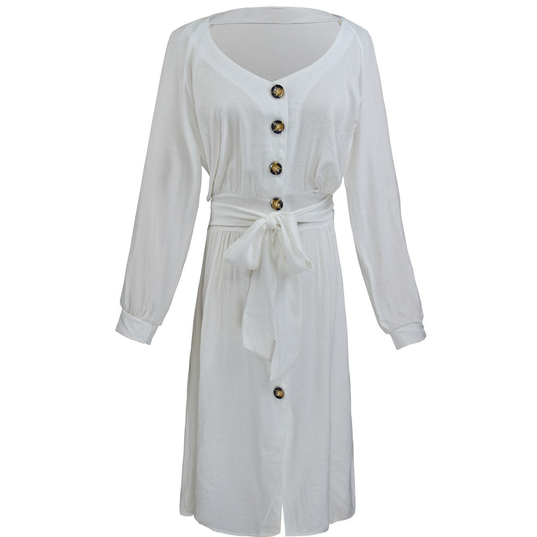 Damen Leichtes Viskose-Midikleid mit Taillenschärpe, Knopfleiste und Beinschlitz Drune