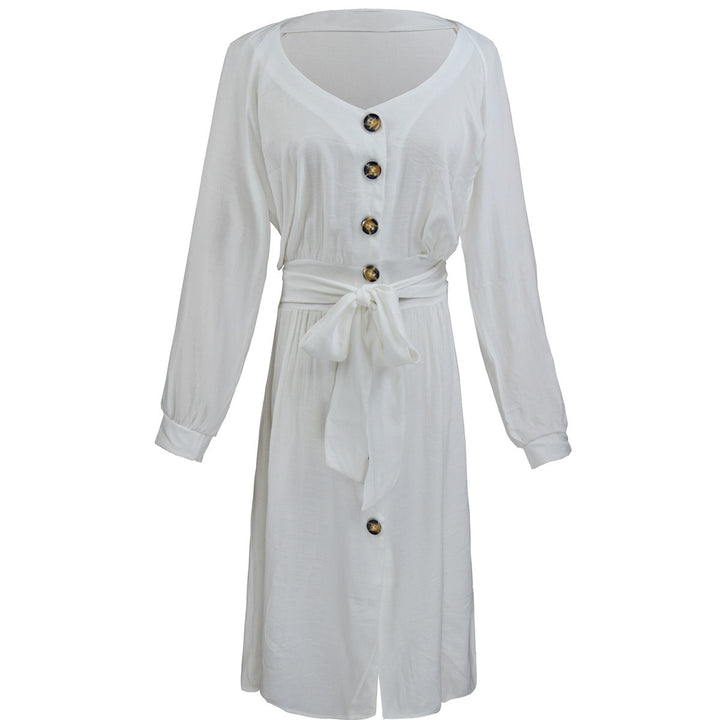 Damen Leichtes Viskose-Midikleid mit Taillenschärpe, Knopfleiste und Beinschlitz Drune