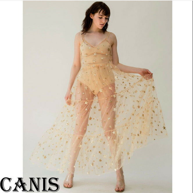 Damen Transparente Maxikleid aus Chiffon mit Sternen-Design und mehrlagigem Saum Drune