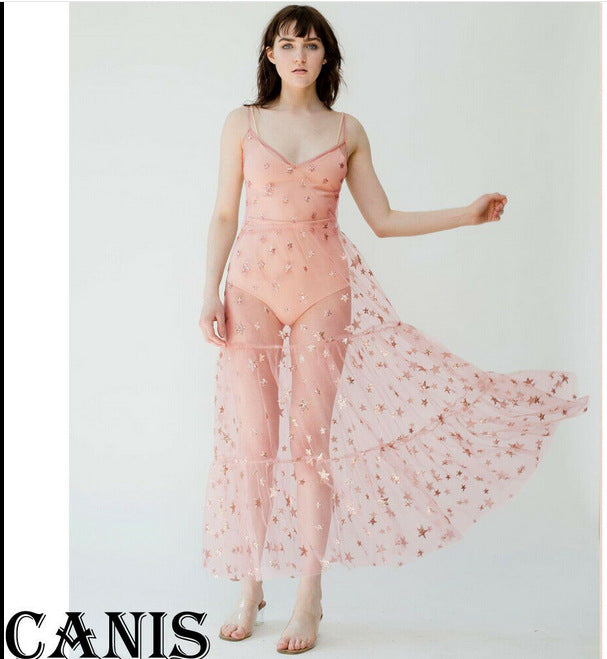 Damen Transparente Maxikleid aus Chiffon mit Sternen-Design und mehrlagigem Saum Drune