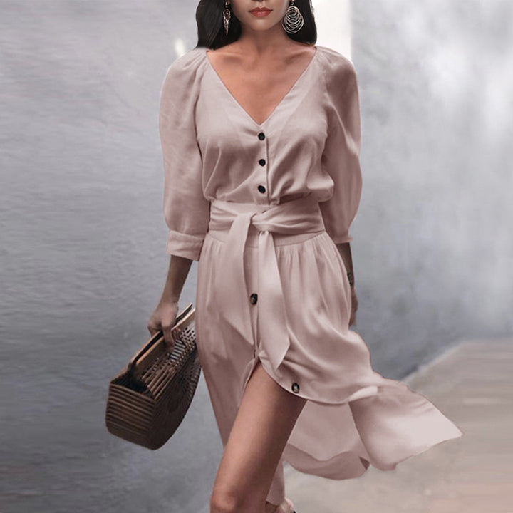 Damen Leichtes Viskose-Midikleid mit Taillenschärpe, Knopfleiste und Beinschlitz Drune
