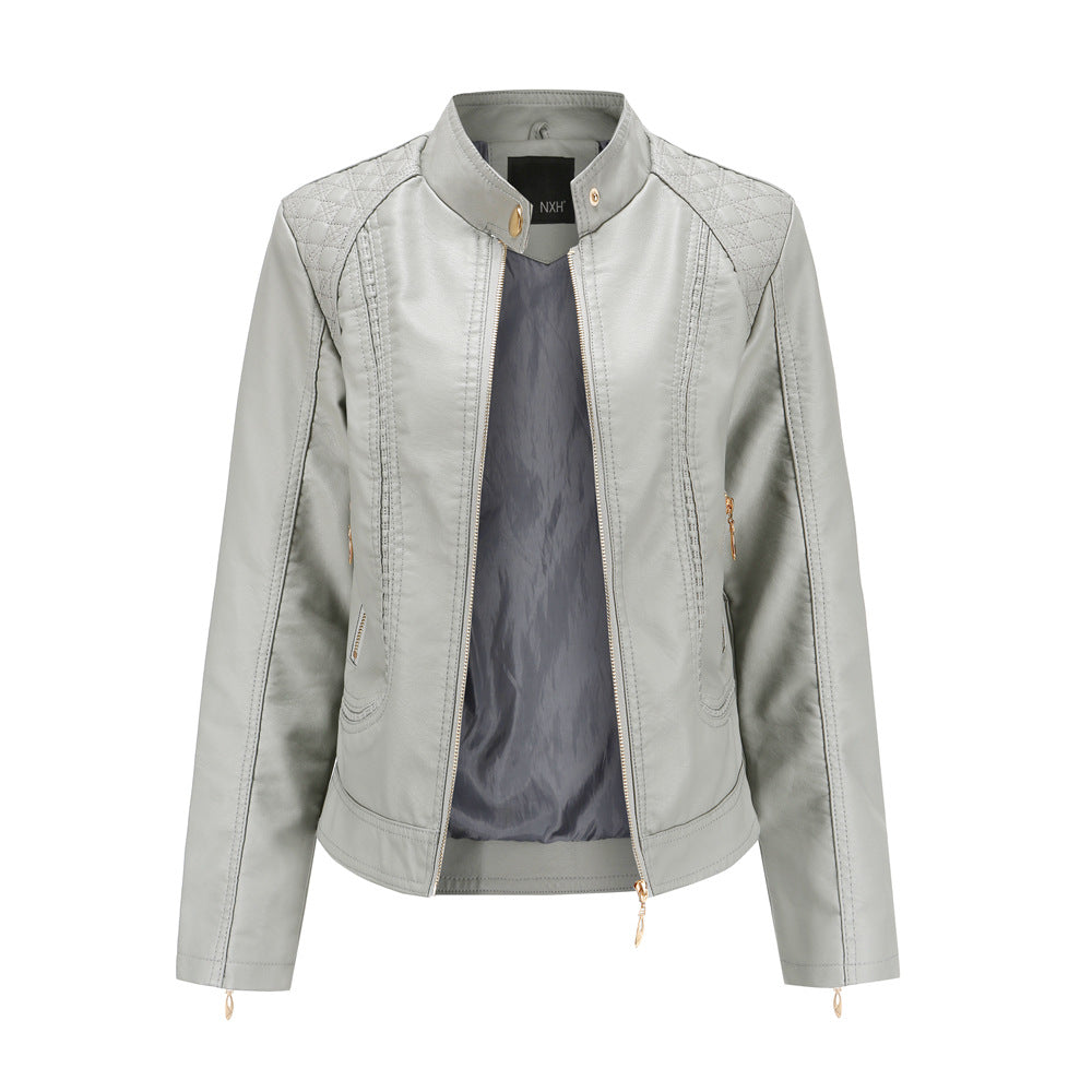 Damen nan taillierte Kunstleder Bikerjacke mit Stehkragen und gesteppter Schulterpartie Drune