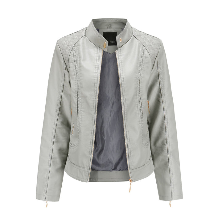 Damen nan taillierte Kunstleder Bikerjacke mit Stehkragen und gesteppter Schulterpartie Drune