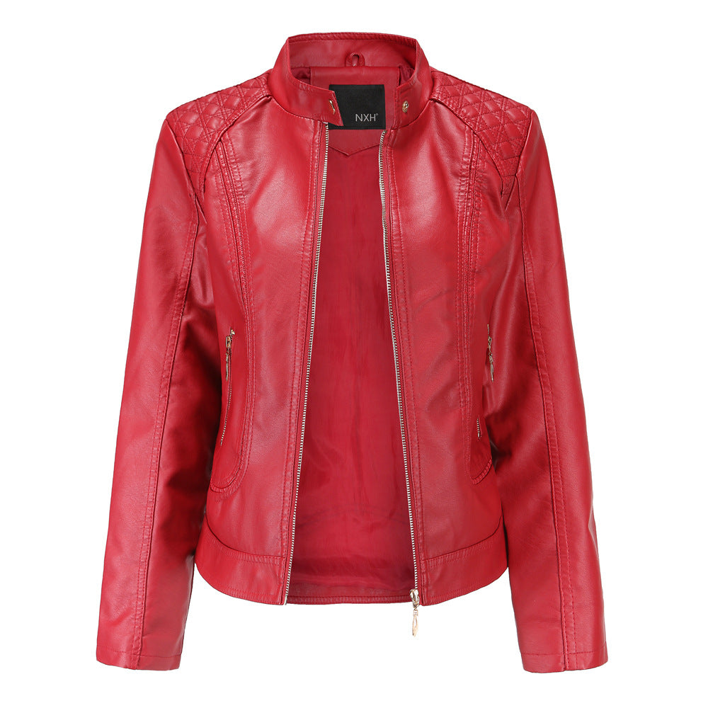 Damen nan taillierte Kunstleder Bikerjacke mit Stehkragen und gesteppter Schulterpartie Drune