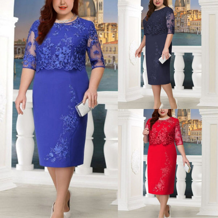 Damen Elegantes Spitzen-Overlay Etui-Kleid mit besticktem Chiffonoberteil und halbtransparenten Ärmeln Drune