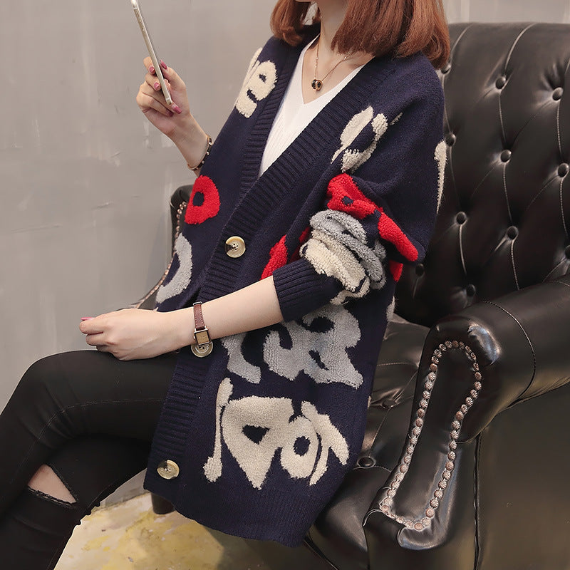Damen Strickjacke mit kreativen Grafiken und modernen Knöpfen Drune