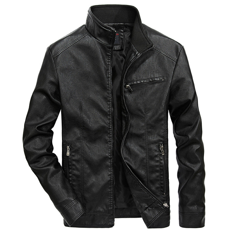 Herren Lederoptik-Motojacke mit Stehkragen und Reißverschlusstaschen Drune