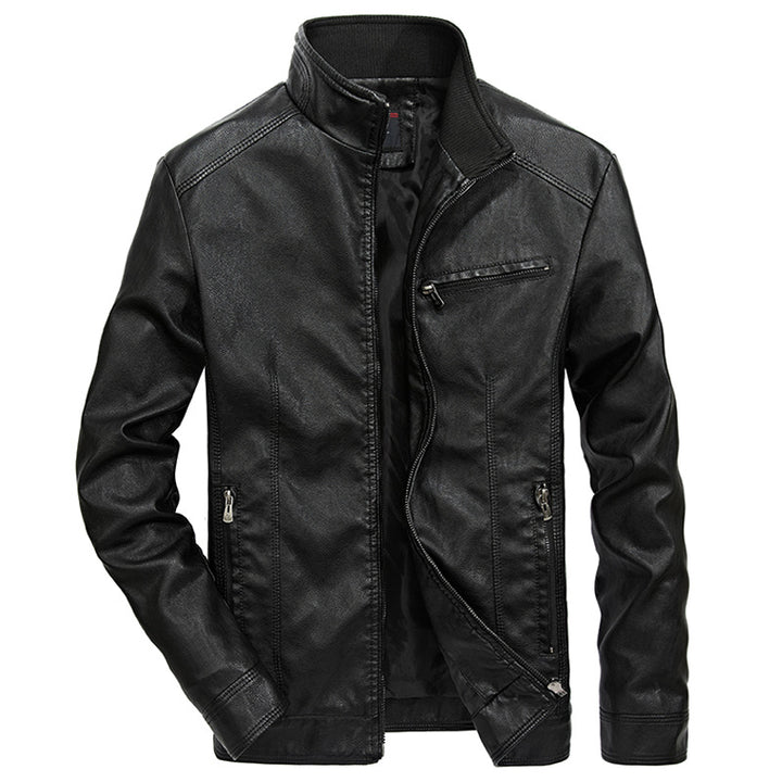 Herren Lederoptik-Motojacke mit Stehkragen und Reißverschlusstaschen Drune