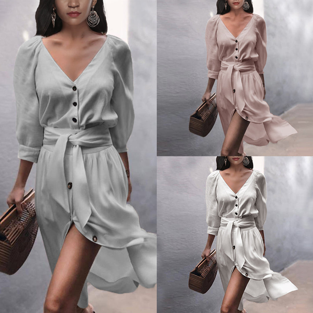 Damen Leichtes Viskose-Midikleid mit Taillenschärpe, Knopfleiste und Beinschlitz Drune