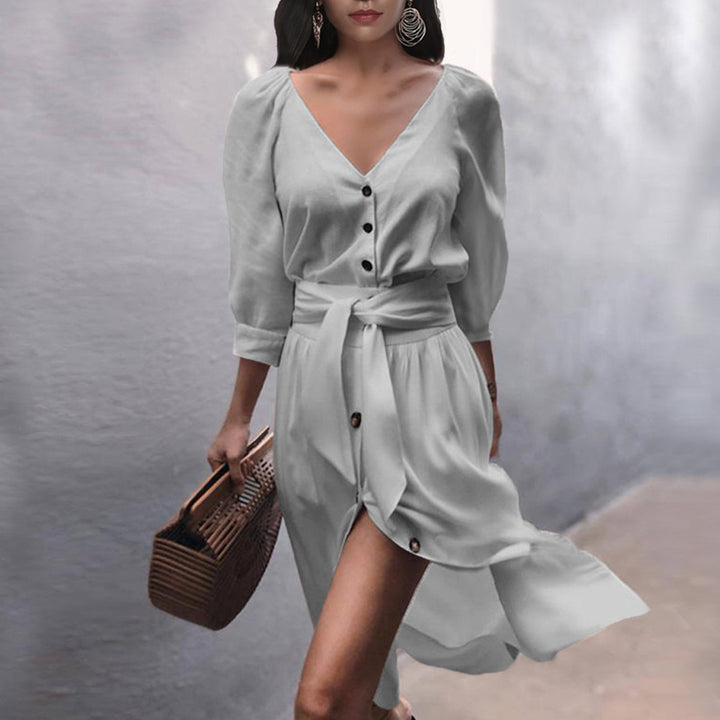 Damen Leichtes Viskose-Midikleid mit Taillenschärpe, Knopfleiste und Beinschlitz Drune