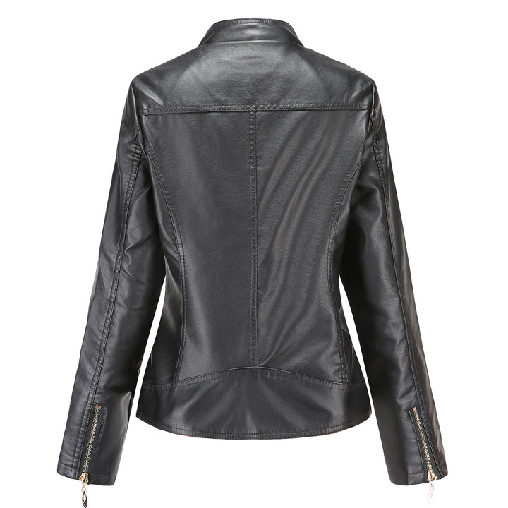 Damen nan taillierte Kunstleder Bikerjacke mit Stehkragen und gesteppter Schulterpartie Drune