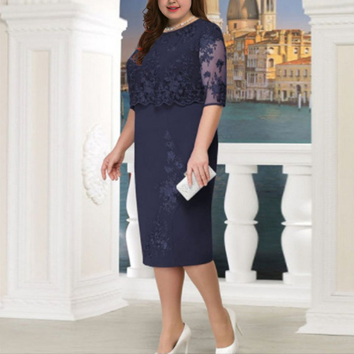 Damen Elegantes Spitzen-Overlay Etui-Kleid mit besticktem Chiffonoberteil und halbtransparenten Ärmeln Drune
