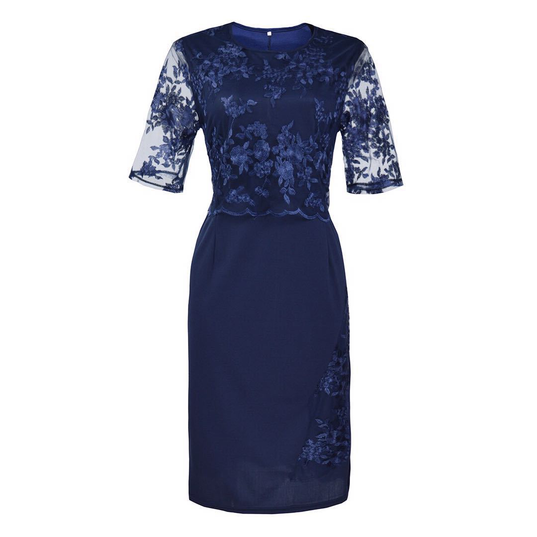 Damen Elegantes Spitzen-Overlay Etui-Kleid mit besticktem Chiffonoberteil und halbtransparenten Ärmeln Drune