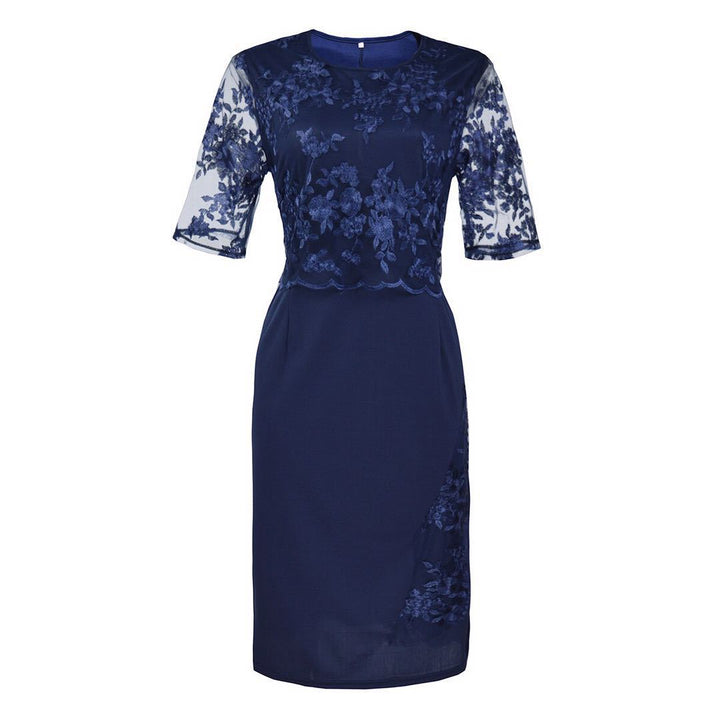Damen Elegantes Spitzen-Overlay Etui-Kleid mit besticktem Chiffonoberteil und halbtransparenten Ärmeln Drune