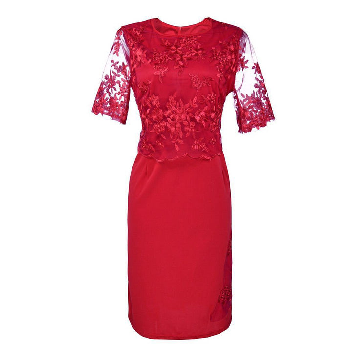 Damen Elegantes Spitzen-Overlay Etui-Kleid mit besticktem Chiffonoberteil und halbtransparenten Ärmeln Drune