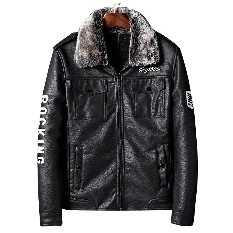 Herren Lederimitatjacke mit Kunstfellkragen und militärischen Abzeichen Drune