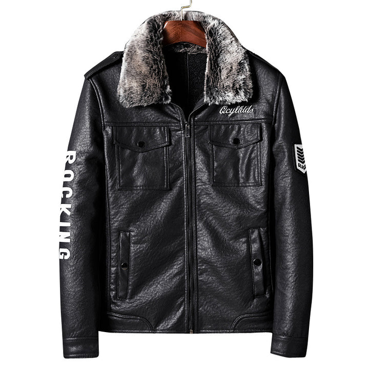 Herren Lederimitatjacke mit Kunstfellkragen und militärischen Abzeichen Drune