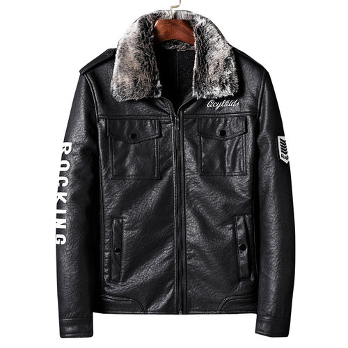 Herren Lederimitatjacke mit Kunstfellkragen und militärischen Abzeichen Drune