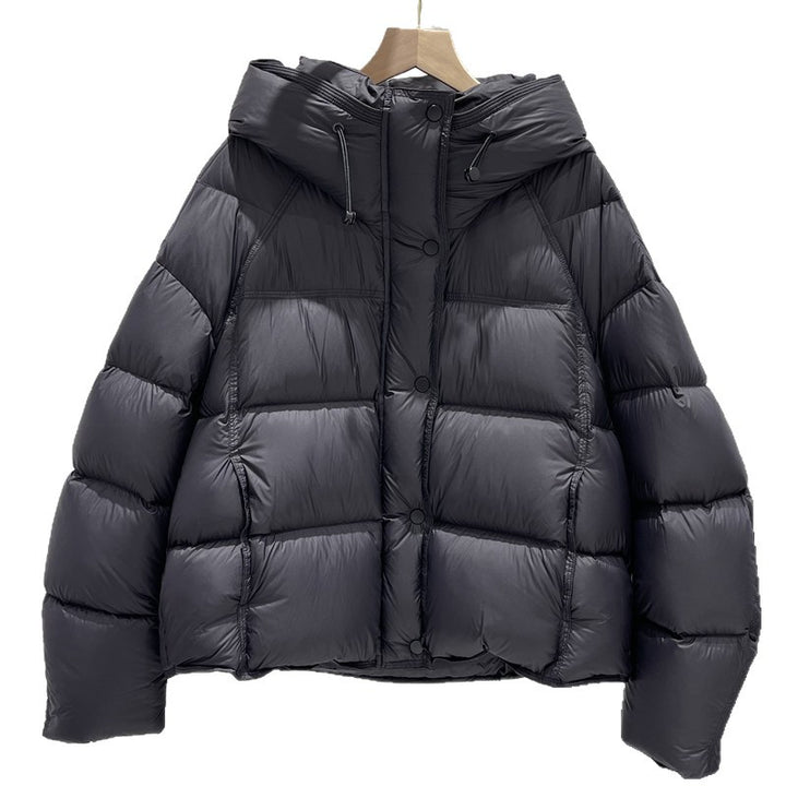 Kurze Damen-Daunenjacke mit Kapuze, weiße Entendaunen